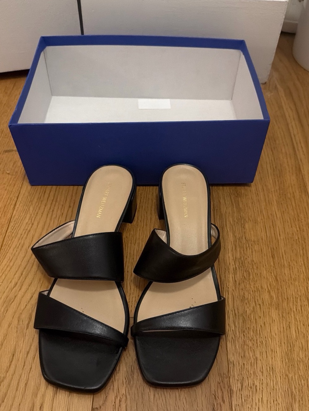 Stuart Weitzman Black Leather Double-Band Slide Mules